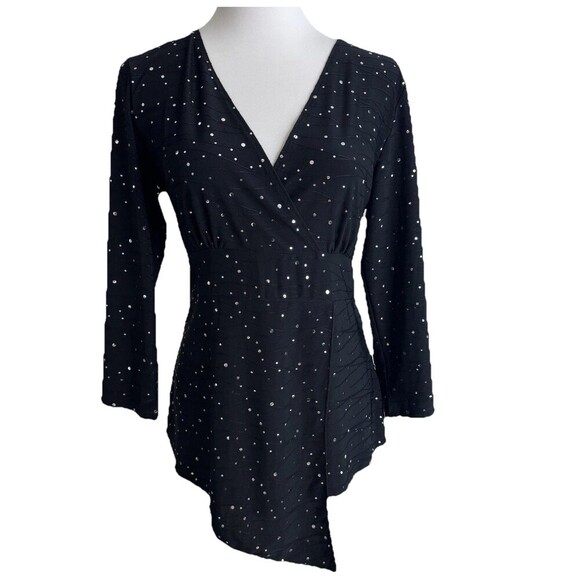 Susan Lawrence Blouse Size Medium Black Silver Sparkle Stretch Top - Picture 1 of 10